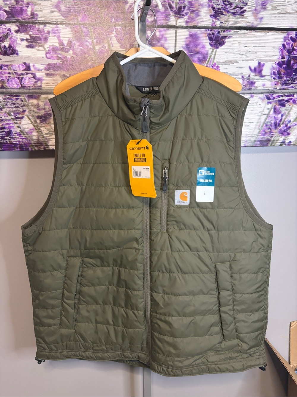 Carhartt Men’s Olive Green Rain Defender Quilted Insulated Vest Relaxed Fit